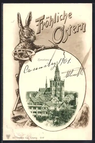 Künstler-AK Konstanz, Teilansicht mit Münster, Osterhase mit Palette, Eier-Passepartout, Ostergruss