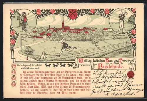 Lithographie Buxtehude, Sage vom Wettlauf zwischen Hase und Igel