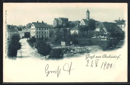 AK Aulendorf, Totalansicht mit Strasse, Baustelle und Turm