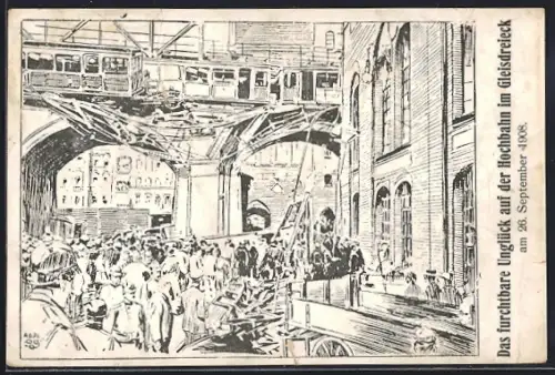 Künstler-AK Berlin-Kreuzberg, Eisenbahnkatastrophe am Gleisdreieck 1908