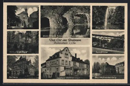 AK Chemnitz-Rabenstein, Bahnbrücke, Schlossteich, Rathaus, 1000jährige Burg