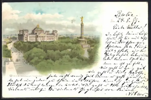Lithographie Berlin-Tiergarten, Ortsansicht mit Siegessäule und Reichstagsgebäude