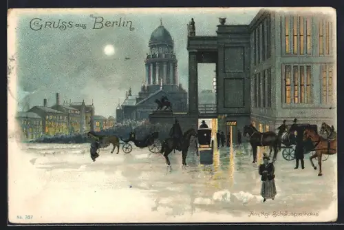Lithographie Berlin, Schauspielhaus und Deutscher Dom am Gendarmenmarkt