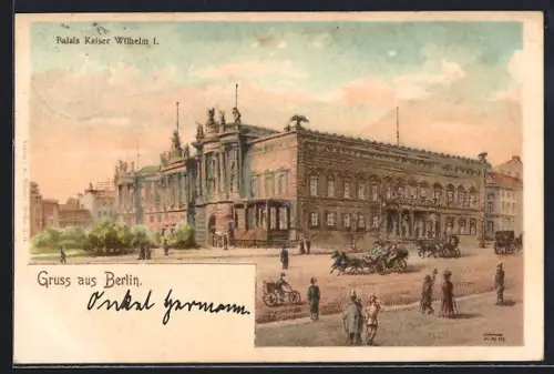 Lithographie Berlin, Palais Kaiser Wilhelm I., Fahrradfahrer, Pferdekutsche