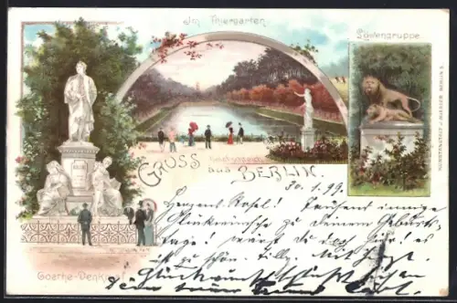 Lithographie Berlin-Tiergarten, Thiergarten, Goethe-Denkmal und Goldfischteich