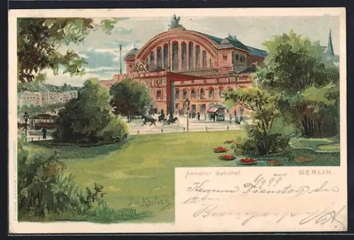 Lithographie Berlin-Kreuzberg, Anhalter Bahnhof mit Parkanlage
