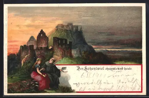 Lithographie Hohentwiel, junges Mädchen und Mönch vor der Ruine
