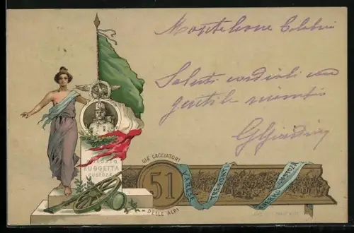 Lithographie 51. Gia Cacciatori delle Alpi, Varese, Tre Ponti, S. Fermo, Custoza, Soldato Fuggetta Custoza