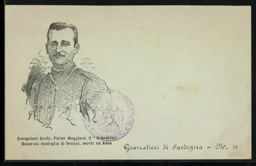Künstler-AK Granatieri di Sardegna, Crespolani Guido, Furier Maggiore, 2. Granatieri, decorato Medaglia di Bronzo