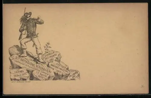 Künstler-AK 27. Battaglione Bersaglieri, constituto in Castelnuovo Serivia 12 Aprile 1860