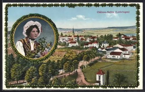 AK Château-Salins /Lothringen, Teilansicht mit Strassenpartie, Frau in Tracht
