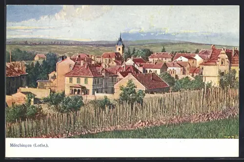 AK Mörchingen /Lothr., Vue sur le village avec église et vignobles environnants