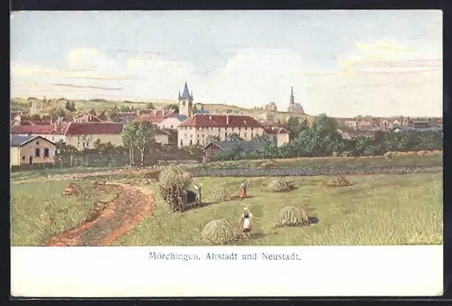 Künstler-AK Mörchingen, Altstadt und Neustadt mit Bauern