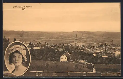 AK Château-Salins, Panorama mit Kirche, Frauenportrait