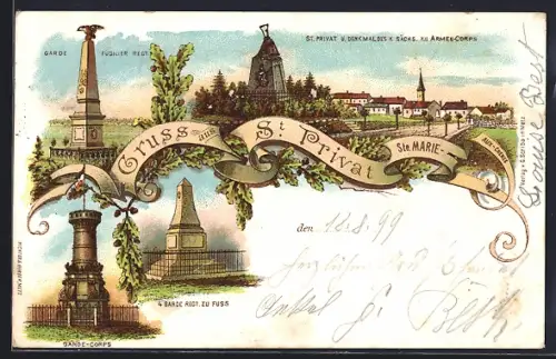 Lithographie St. Privat, Gesamtansicht, Denkmal 4 Garde Regt. zu Fuss, Denkmal Garde-Corps