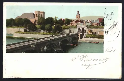 AK Diedenhofen, Uferpartie mit Brücke