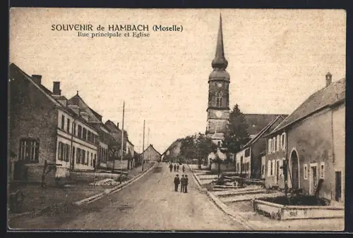 AK Hambach /Moselle, Rue principale et Eglise