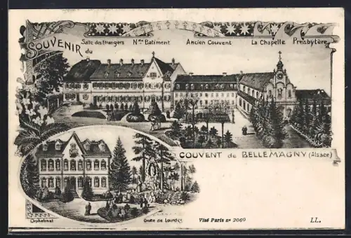 Künstler-AK Bellemagny /Alsace, Couvent de Bellemagny, Salle des Etrangers, Ancien Couvent, La Chapelle & Presbytère