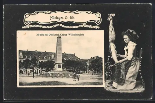 AK Hüningen /O. Els., Abbatucci-Denkmal am Kaiser Wilhelmsplatz, Frau am Spinnrad