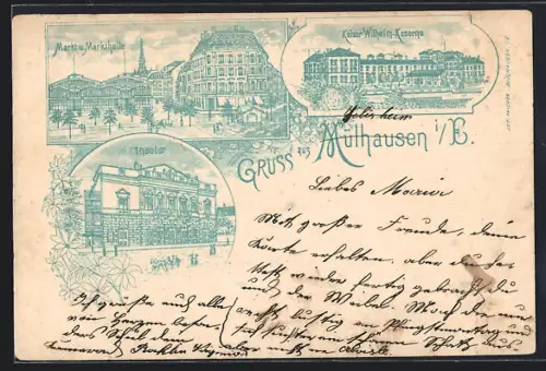 Lithographie Mülhausen i. E., Theater, Markt und Markthalle, Kasier-Wilhelm-Kaserne