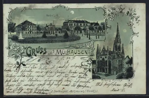 Mondschein-Lithographie Mülhausen, Evangelische Kirche, Bahnhof