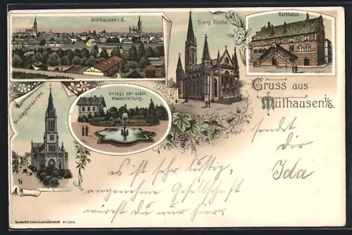 Lithographie Mülhausen i. E., Ortsansicht, Ev. Kirche, Rathaus, Anlage der städt. Wasserleitung, St. Stephanskirche