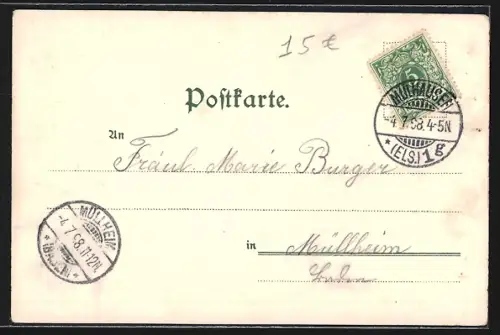 Lithographie Mülhausen i. E., Ortsansicht, Ev. Kirche, Rathaus, Anlage der städt. Wasserleitung, St. Stephanskirche