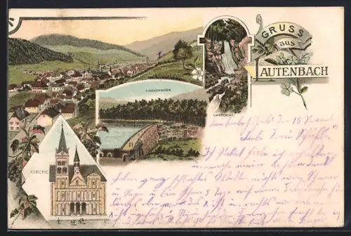 Lithographie Lautenbach, Kirche, Lauchenweier, Lauchenfall