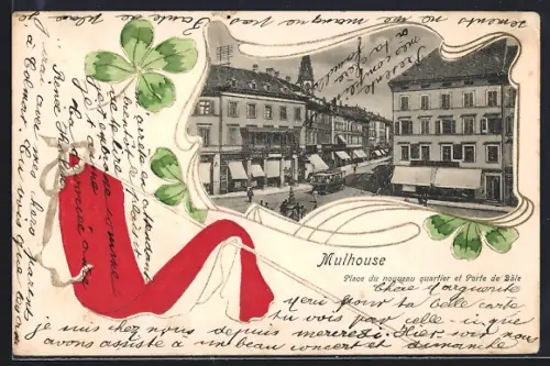 Lithographie Mulhouse, Place du nouveau quartier et Porte de Bâle, Strassenbahn, Fahne mit Kleeblatt, Passepartout