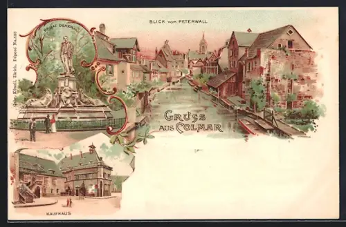 Lithographie Colmar, Blick vom Peterwall, Bruat Denkmal, Kaufhaus