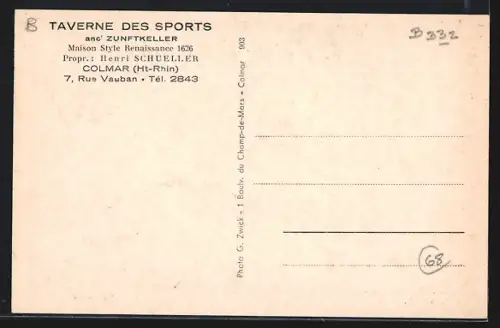AK Colmar /Ht.-Rhin, Taverne des Sports, 7, Rue Vauban