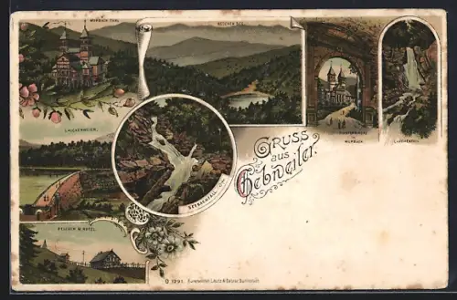 Lithographie Gebweiler, Belchen mit Hotel, Seebachfall, Lauchenweier