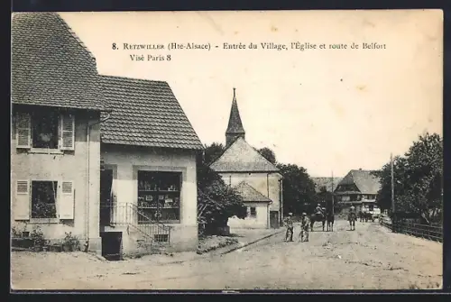 AK Retzwiller /Hte-Alsace, Entrée du Village, l`Église et route de Belfort