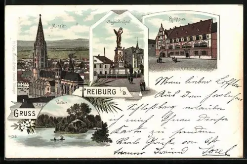 Lithographie Freiburg i. B., Münster, Sieges-Denkmal, Rathaus und Waldsee