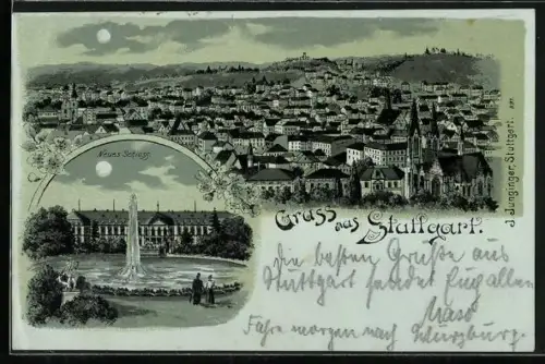 Mondschein-AK Stuttgart, Ortsansicht aus der Vogelschau und Neues Schloss