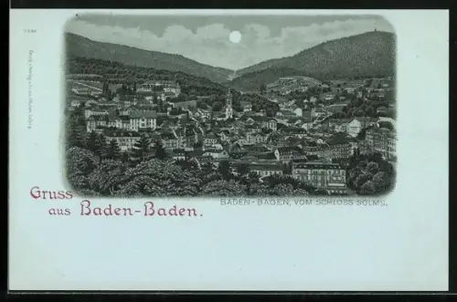 Mondschein-AK Baden-Baden, Ansicht vom Schloss Solms aus