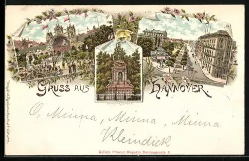 Lithographie Hannover, Etablissement Tivoli, Kriegerdenkmal und Georgstrasse mit Café Kröpcke