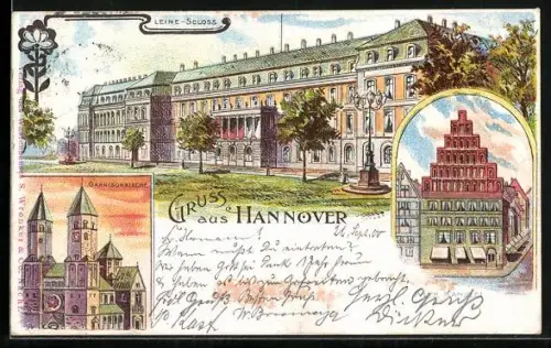 Lithographie Hannover, Leine-Schloss, Garnisonskirche, Leibnizhaus
