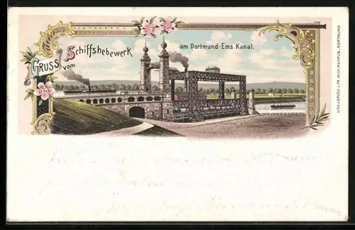 Lithographie Dortmund-Ems Kanal, Schiffshebewerk am Dortmund-Ems Kanal