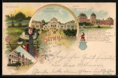 Lithographie Bad Oeynhausen, Grosses Thermal-Badehaus, Grosses Soolbadehaus, Goldfischteich