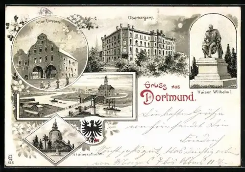 AK Dortmund, Oberbergamt, Denkmal Kaiser Wilhelm I., Steinersthurm, Wappen