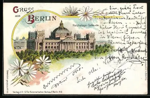Lithographie Berlin-Tiergarten, Reichstagsgebäude, Kamillenblüten