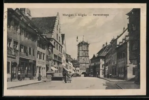 AK Wangen i. Allgäu, Herrenstrasse mit Standbild, Torturm