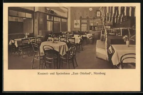 AK Nürnberg, Konzert- und Speisehaus Zum Ottobad, Innenansicht des Speisesaals, Direktion Martin Böhringer