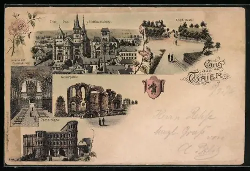 Lithographie Trier, Dom u. Liebfrauenkirche, Kaiserpalast Ruinen, Amphitheater