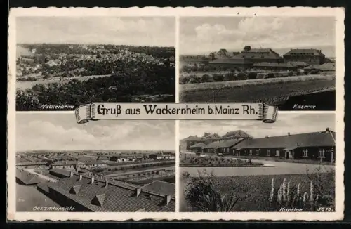 AK Wackernheim b. Mainz, Gesamtansicht aus der Vogelschau, Kaserne, Kantine