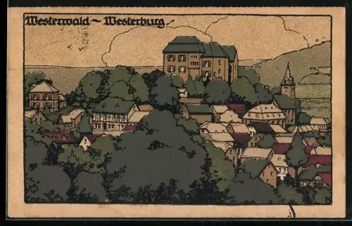 Steindruck-AK Westerburg /Westerwald, Ortsansicht aus der Vogelschau
