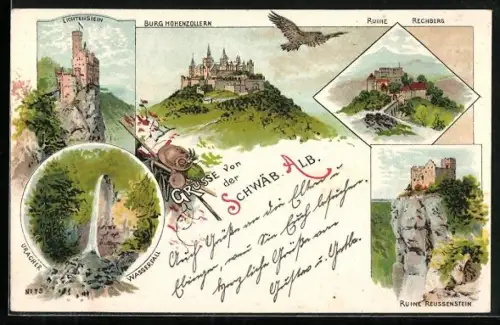 Lithographie Rechberg, Ruine Rechberg, Burg Hohenzollern, Lichtenstein