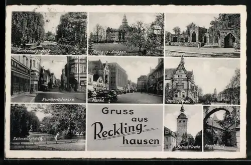 AK Recklinghausen, Woolworth-Geschäft in der Kunibertstrasse, Petruskirche, Schwanenteich