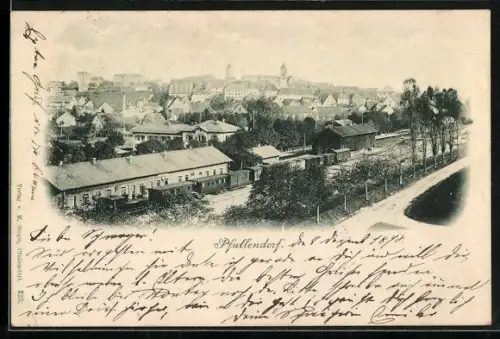 AK Pfullendorf, Blick vom Bahnhof über die Dächer der Stadt, Eisenbahn